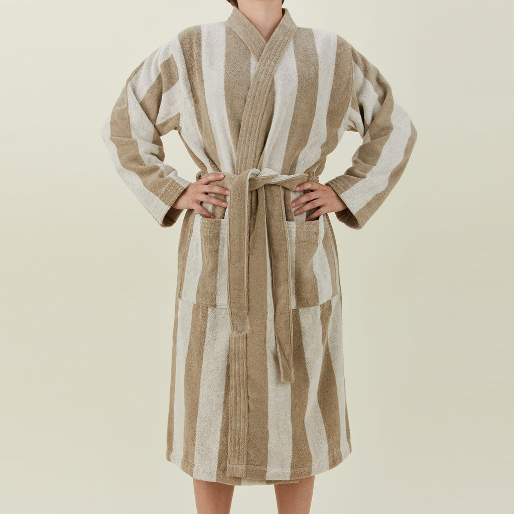 Simple Striped Terry Bathrobe - Ivory/Flax