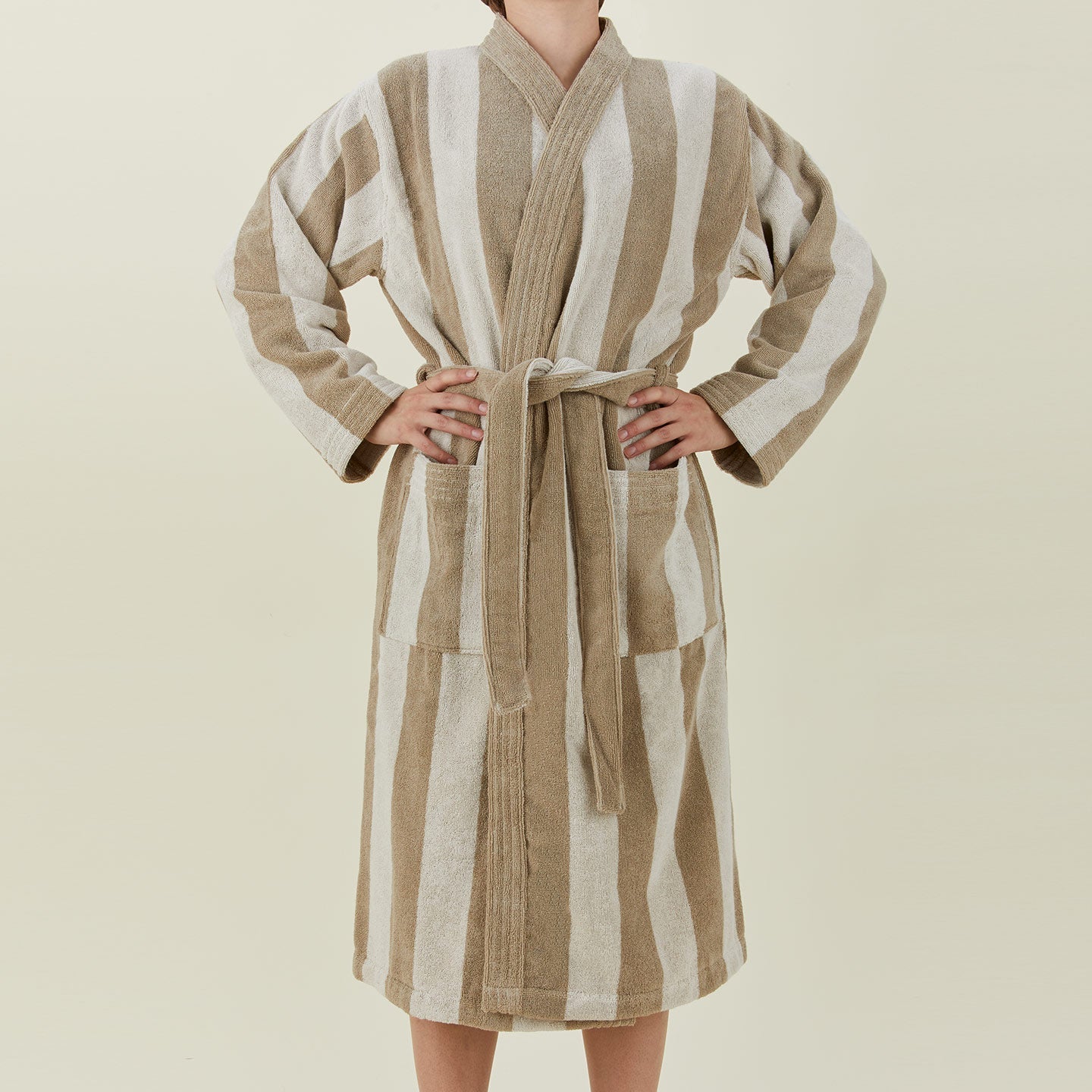Simple Striped Terry Bathrobe - Ivory/Flax