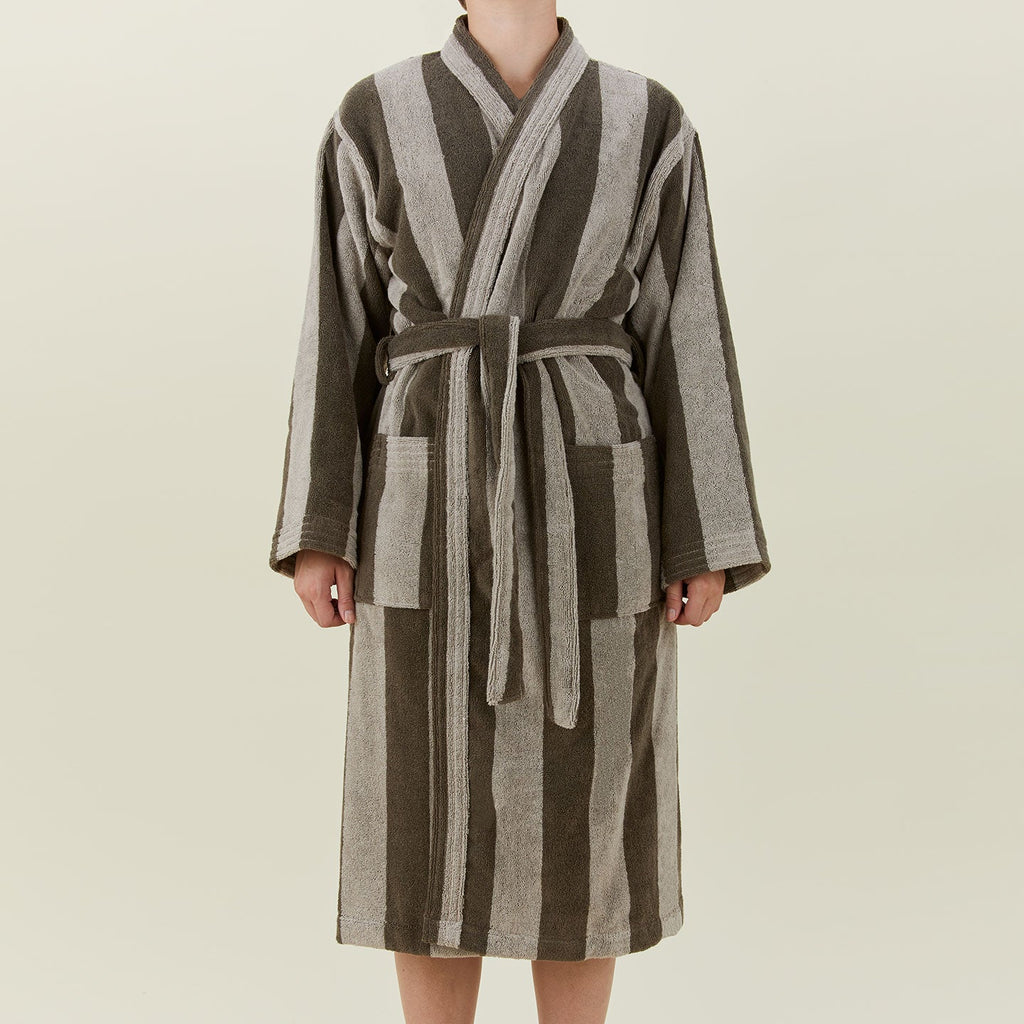 Simple Striped Terry Bathrobe - Light Grey/Dark Grey