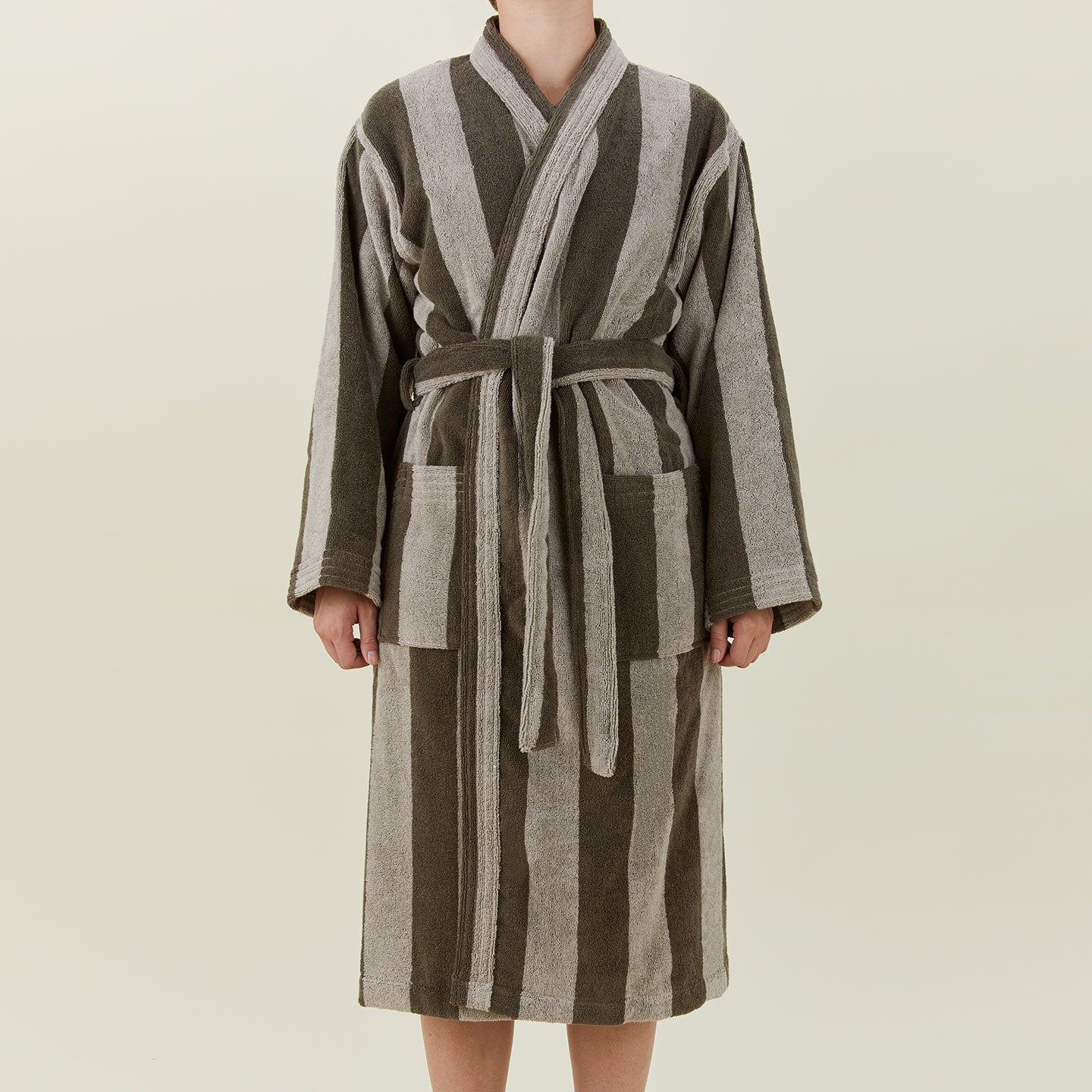Simple Striped Terry Bathrobe - Light Grey/Dark Grey