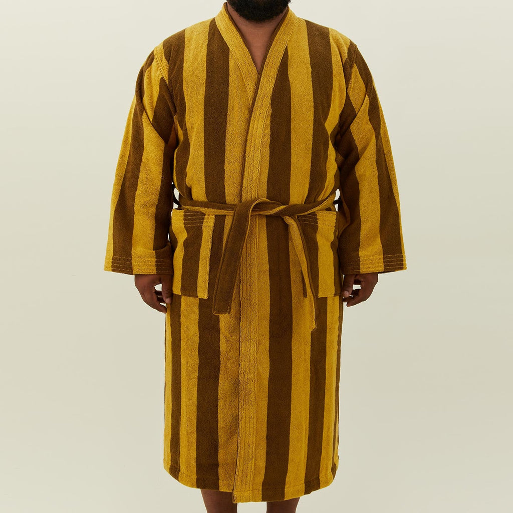 Simple Striped Terry Bathrobe - Mustard/Bronze