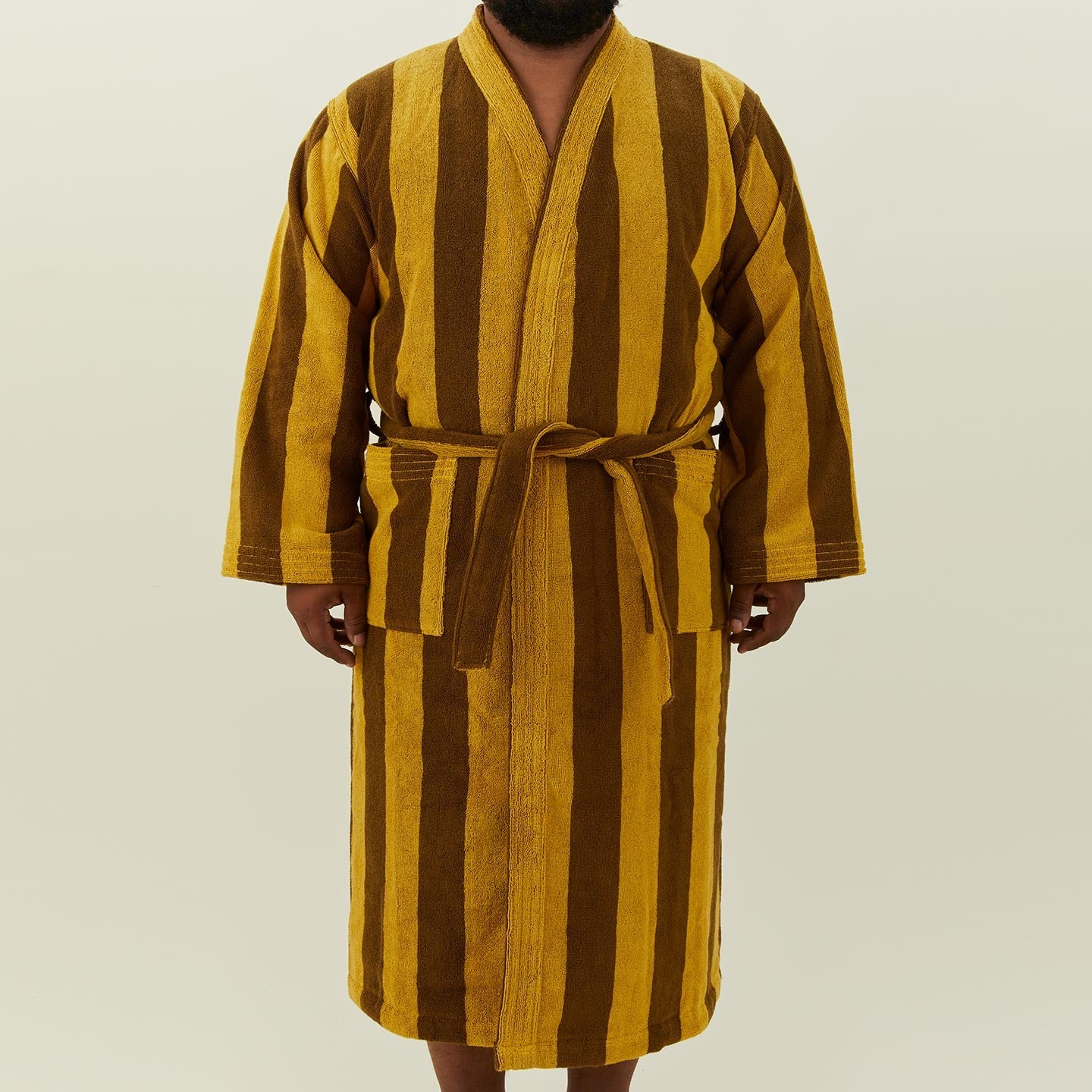 Simple Striped Terry Bathrobe - Mustard/Bronze