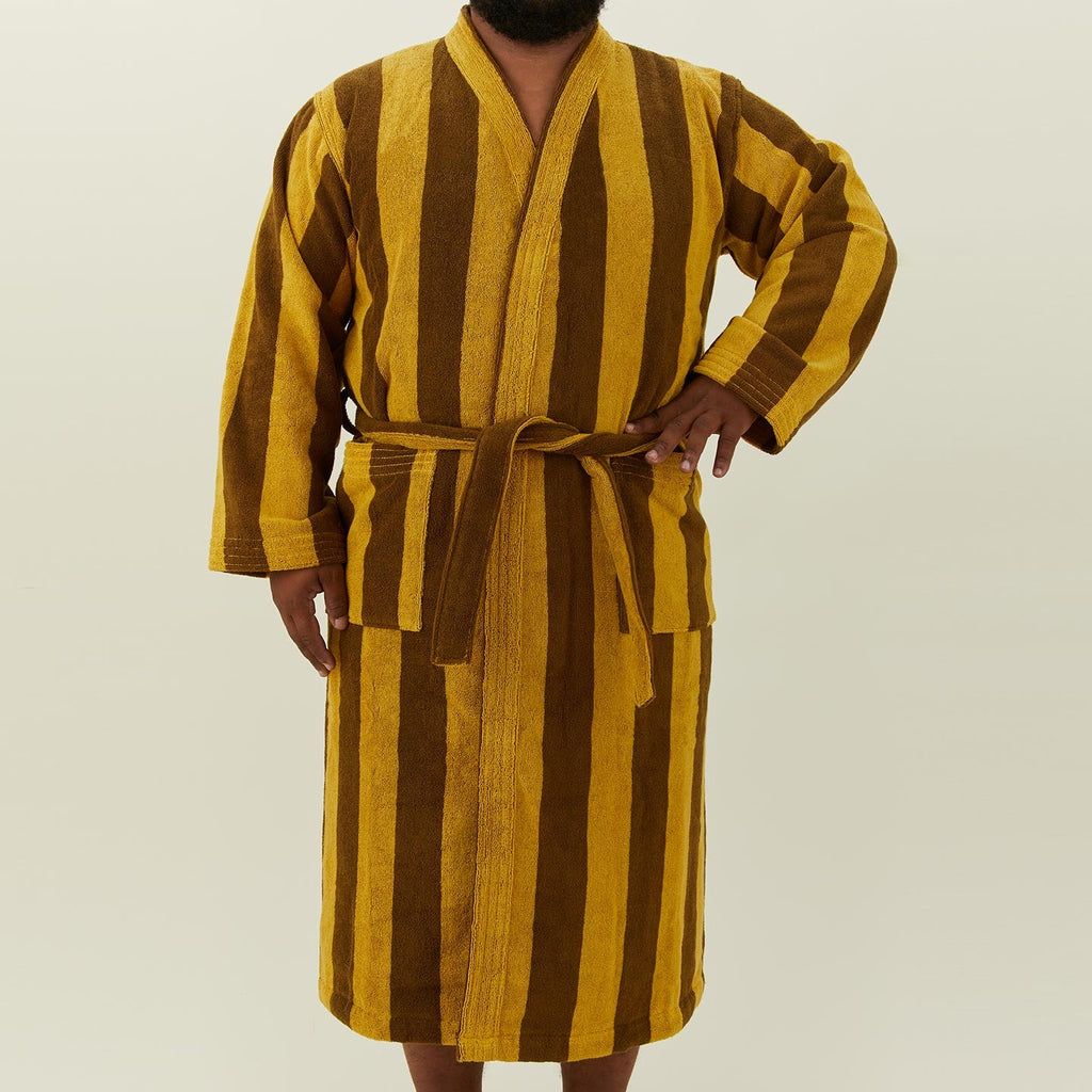 Simple Striped Terry Bathrobe - Mustard/Bronze