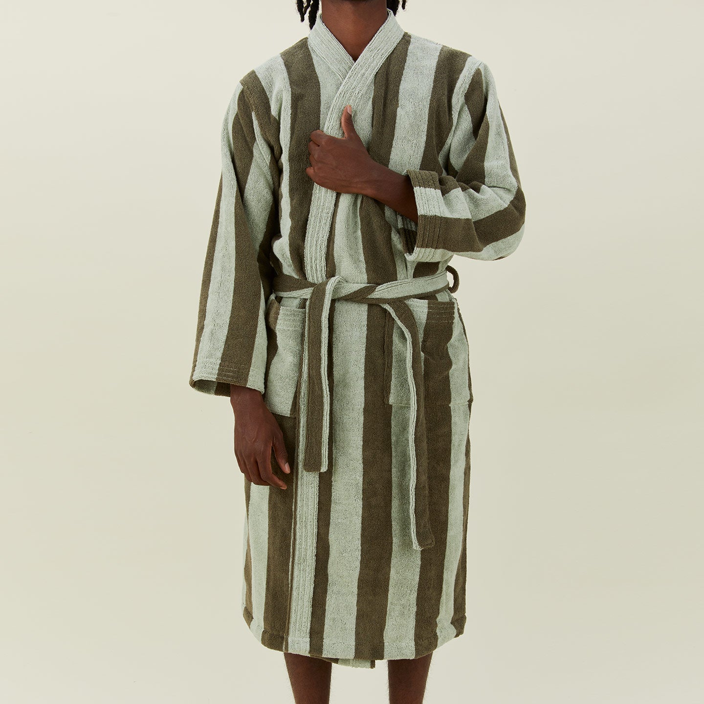 Simple Striped Terry Bathrobe - Sage/Olive
